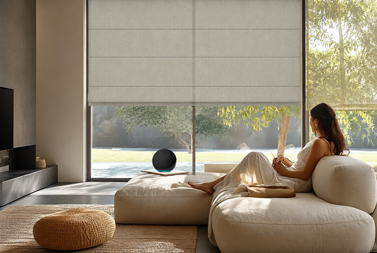 Bringnox Motorized Roman Shades in a modern living room