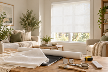 DIY roller shade materials arranged beside a modern window 