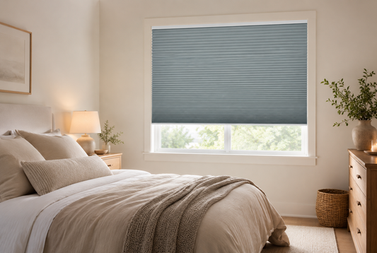 Cozy bedroom decor ideas with blue cellular shades