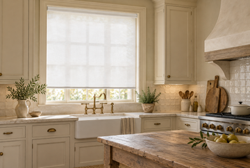 Country French kitchen breakfast nook with sage cabinets and roller shade
