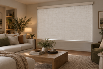 Blackout window shade controlling living room sunlight