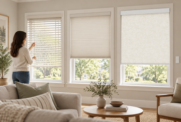 Homeowner comparing corded, cordless, and motorized window blind controls
