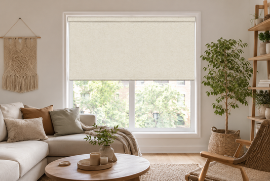 Custom no-drill window shades filter living room light