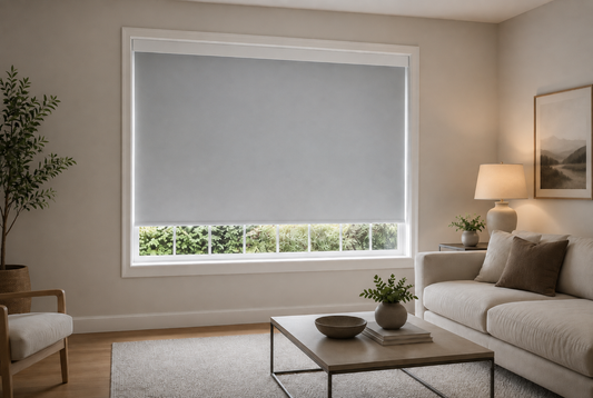 Blackout roller blinds reducing window light in living room