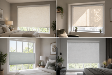Motorized blackout shades shown in four installation settings