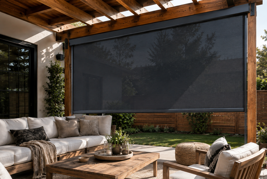 Outdoor shades creating a cooler shaded patio seating area