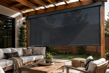 Outdoor shades creating a cooler shaded patio seating area