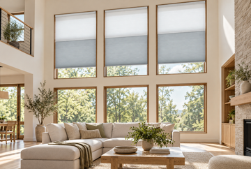 Cellular blinds for high windows in a bright living room