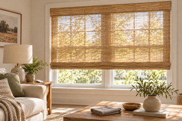 Woven window blinds with a remote in a sunlit living room