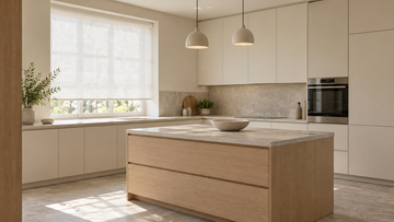 Minimalist kitchen furniture with pantry cabinets and white roller shade