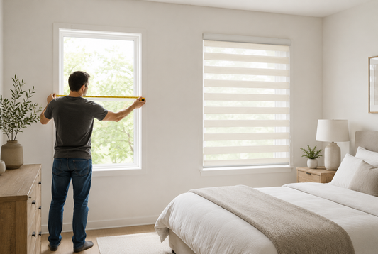 Measuring windows for blinds in a bright modern bedroom