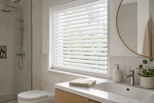 Faux wood bathroom blinds near vanity
