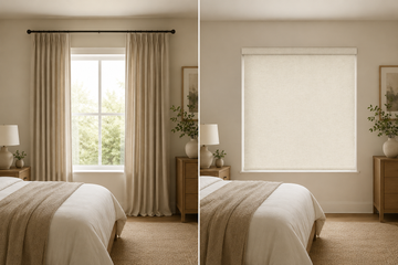 Blackout curtain and shade comparison in two neutral bedrooms