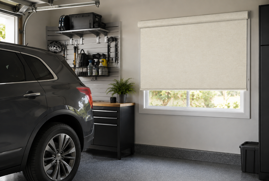 Blackout garage blinds protecting vehicles and stored equipment