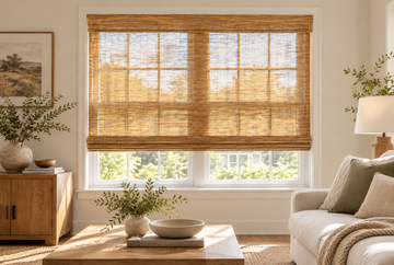 Woven wood blinds filtering sunlight in a cozy living room