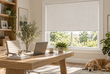 Low openness roller shade reducing glare in home office