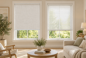 Roller shades and blinds compared in a modern living room