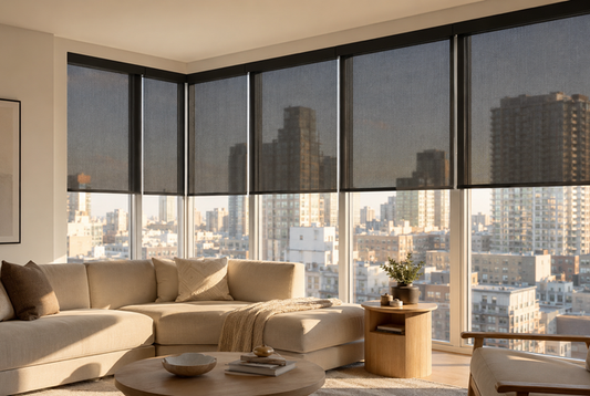 Solar shades in a sunny living room