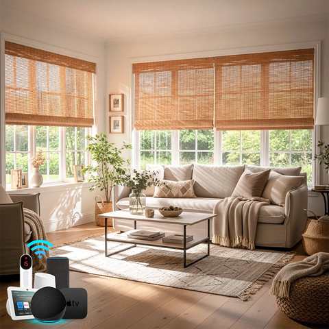 Bringnox Motorized Woven Wood Shades 50%/70%/100% Blackout Bamboo