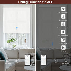 Smart window blind system with app control features displayed on a smartphone.