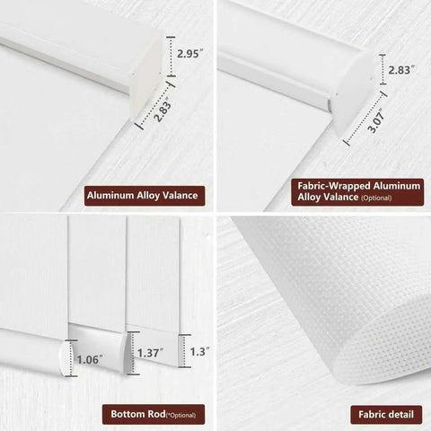 Measurement comparison of Aluminum Alloy Valance and Fabric-Wrapped Aluminum Alloy Valance with bottom rod and fabric detail labels.
