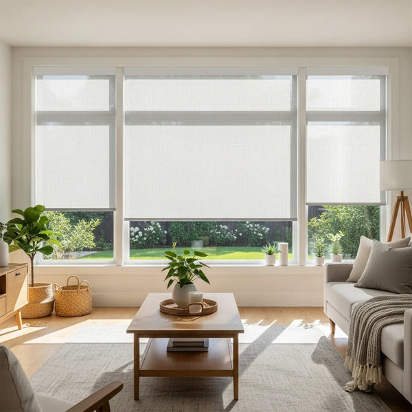 Modern living room with large windows, plants, and a coffee table.