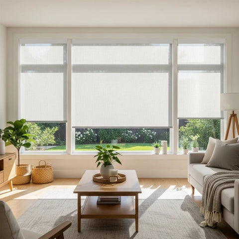 Modern living room with large windows, plants, and a coffee table.