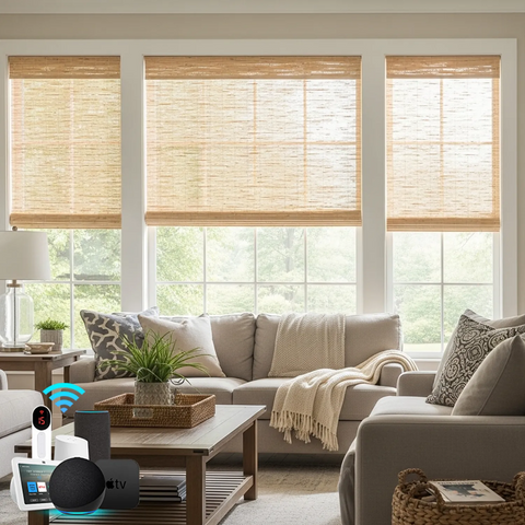 Bringnox Motorized Woven Wood Shades 50%/70%/100% Blackout Bamboo