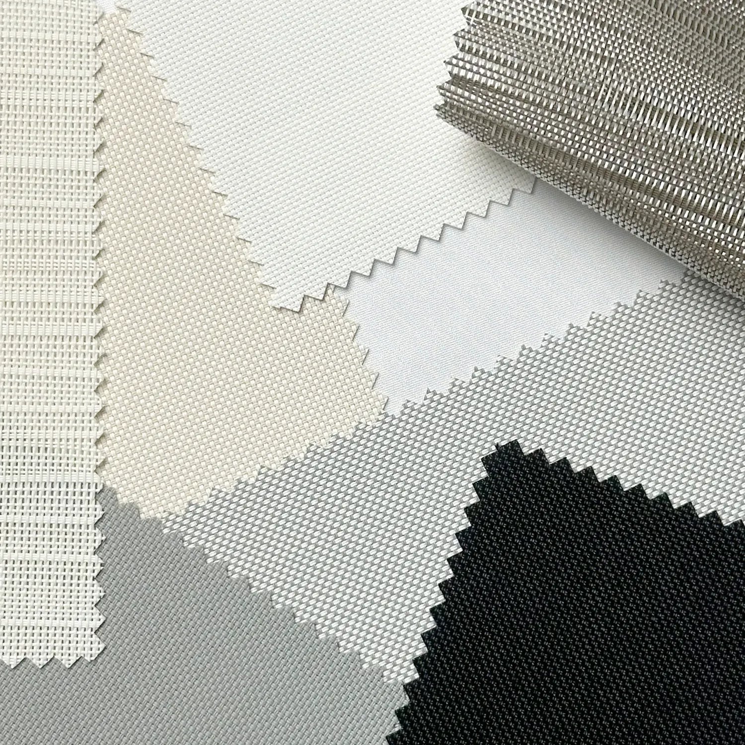 Collection of fabric swatches in various textures and colors on a white background