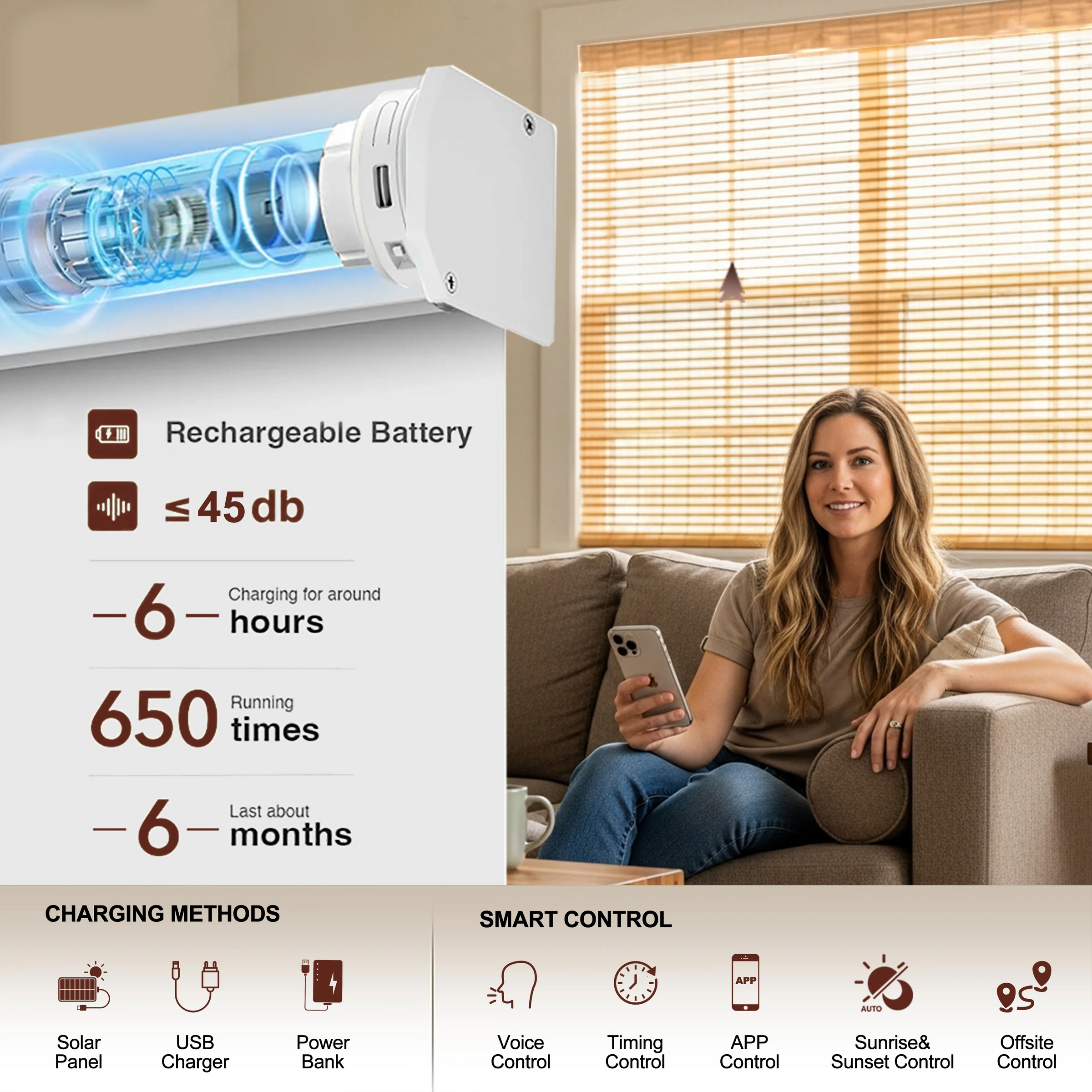 Ariel Rechargeable Smart Motorized Roller Shades