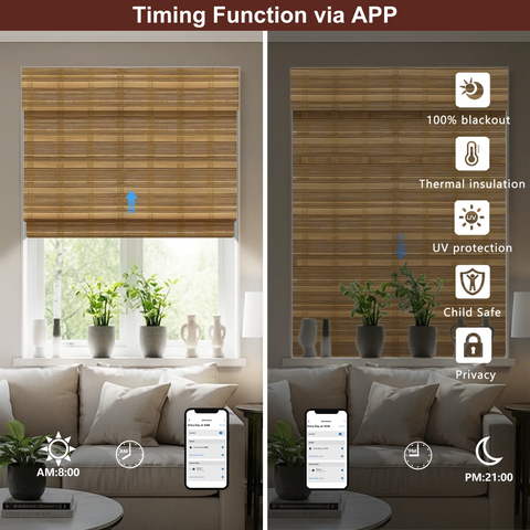 Bringnox Motorized Woven Wood Shades 50%/70%/100% Blackout Bamboo