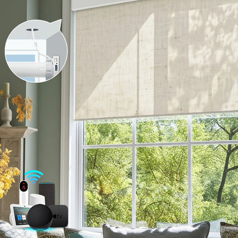 Bringnox Hardwired Motorized Light Filtering Roller Shades 70% Blackout Linen